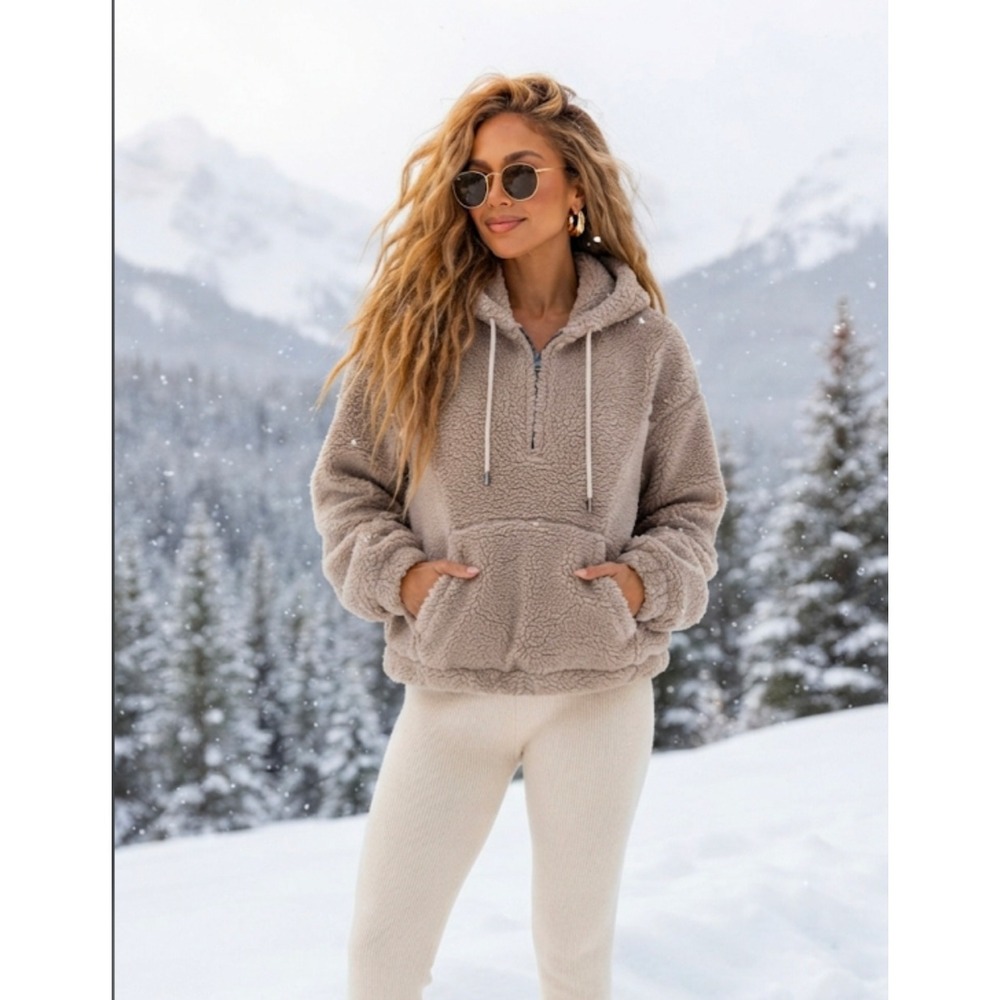 Entro Women Taupe Faux Shearling Teddy Quarter Zip Hoodie Pullover S/M